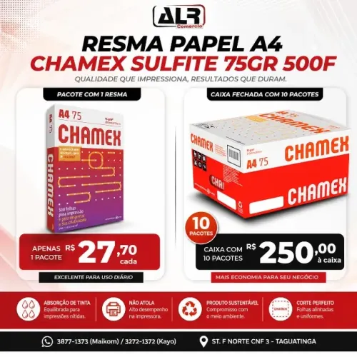 PAPEL SULFITE CAIXA DE RESMA CHAMEX 75GR PACOTE C/ 500 FOLHAS