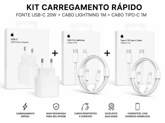 Kit 3 em 1 carregador turbo 20w mais cabo iPhone Lightning e cabo tipo C 