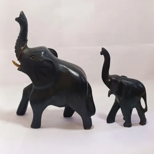 Mãe e Filhote Elefante em Madeira Maciça 18cm e 13cm