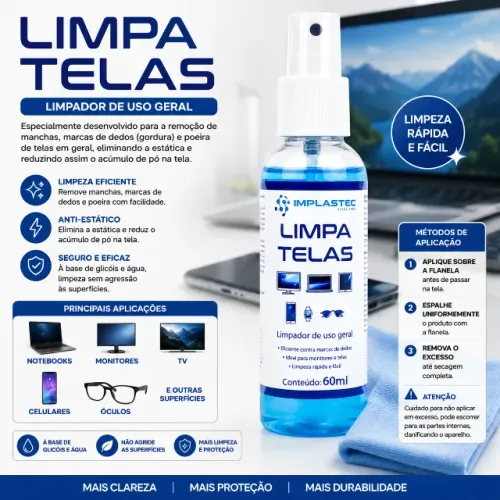 Limpa Telas Spray Para Notebook TV Celular Monitor Óculos Remove Gordura e Poeira 60ML