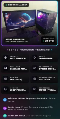 VENDO/TROCO PC GAMER RYZEN 5 2400G VÍDEO INTEGRADO 3 MÊS DE GARANTIA