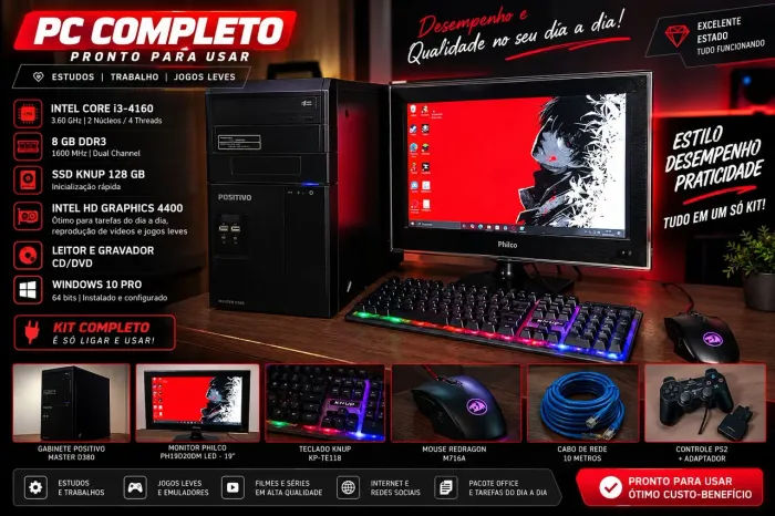 PC COMPLETO i3 | 8GB RAM | SSD | MONITOR | WINDOWS 10 + ACESSÓRIOS
