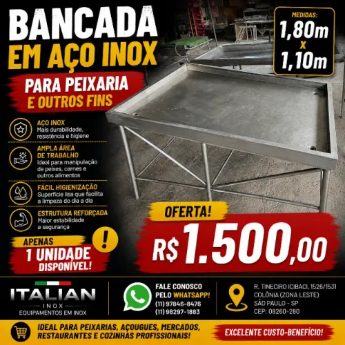 Bancada de Aço Inox 304 para Peixaria e outros fina 1,80 X 1,20m