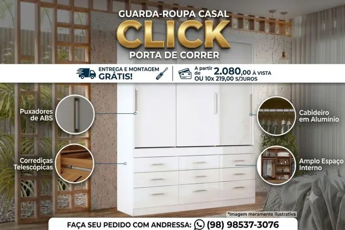 Guarda roupa casal click porta de correr entrega e montagem grátis para você ?