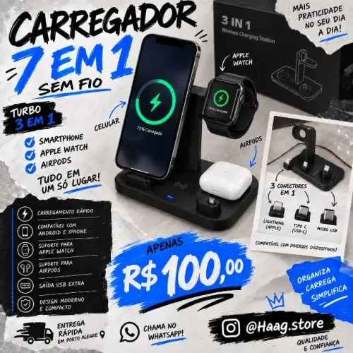 Carregador 7 em 1 Sem Fio para Celular, Relógio e Fone + USB