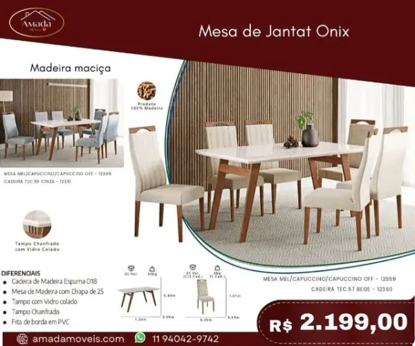 Mesa de jantar Onix, a pronta entrega 