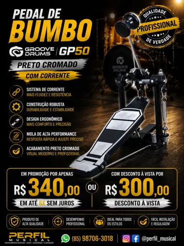 Pedal de Bumbo Groove Drums GP50 Preto Cromado com Corrente