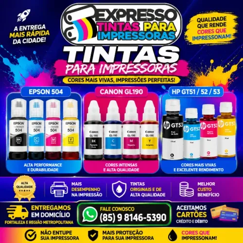 Tinta Epson Canon e HP Pronta Entrega. Aceitamos Cartões e Fazemos Entregas. Fale Conosco.