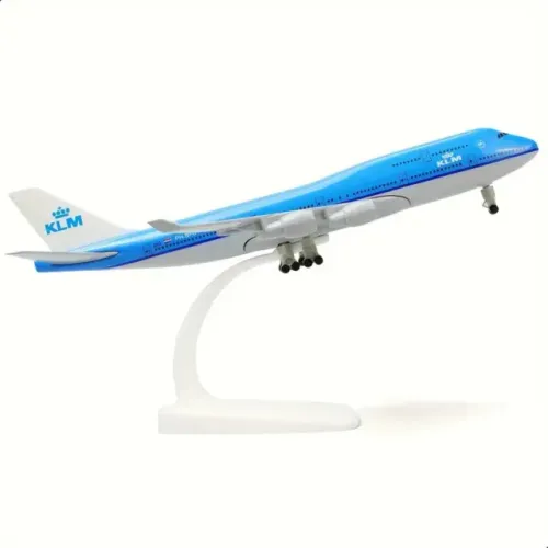 Miniatura Avião Klm Azul Boeing 747 Metal Die Cast 20cm Com Rodas e Suporte Expositor