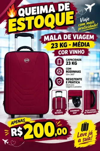 Promoção Mala de viagem 23kg Média cor Vinho com rodinhas Novo Queima de estoque