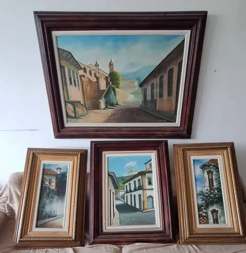 4 quadros pintura óleo com moldura em madeira.