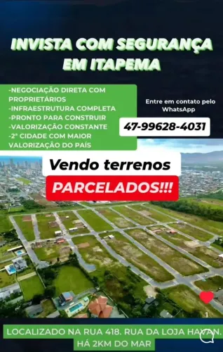 TERRENOS PARCELADOS EM ITAPEMA, A PARTIR 200m², RUA ASFALTADA!!! MORRETES