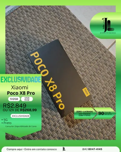 POCO X8 PRO, 5G, 512GB, 12GB RAM, LACRADO(CABO E FONTE), LANÇAMENTO!