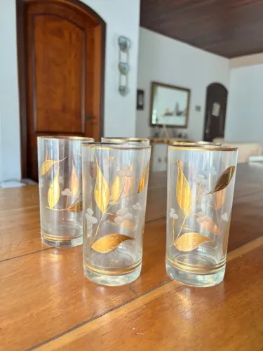 Conjunto 5 Copos Vintage Anos 70 Vidro Com Dourado Decorado