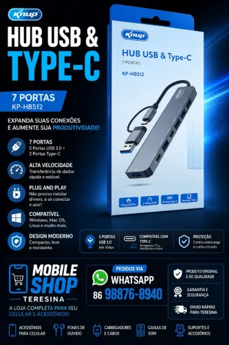 Hub USB 7 Portas Knup KP-HB512 com Type-C USB 3.0 - Novo