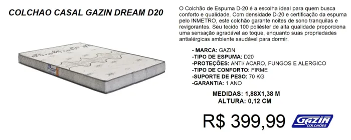 Colchão casal d20 gazin reposição - parcelamos sem juros 