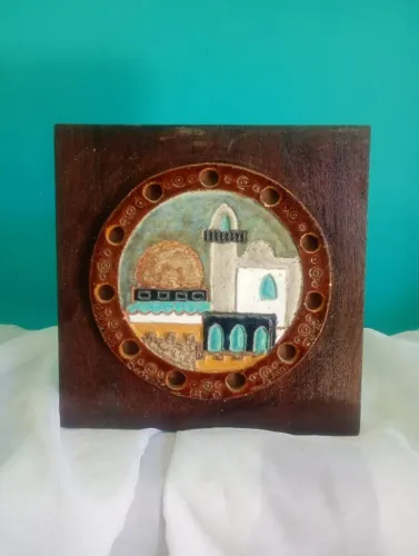 Antiga placa de parede em madeira e cerâmica - Jerusalém