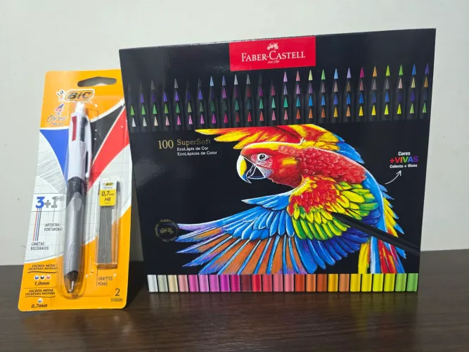 Lápis de cor Faber-Castell 100 cores supersoft cores mais vivas + caneta bic 3 cores e lap