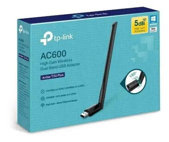 Adaptador USB TP-Link Archer T2U PLUS AC600 Wireless Dual Band 2,4/5Ghz 1 Antena 5DBI