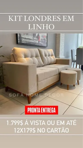 Sofá e puffs em linho