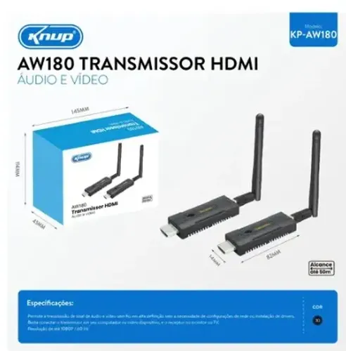 Transmissor Receptor Hdmi Sem Fio de Video Knup KP-AW180 de 50 Metros