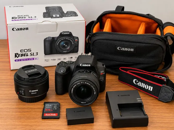 Canon EOS Rebel SL3 + 2 Lentes 18-55mm e 50mm + Kit Completo
