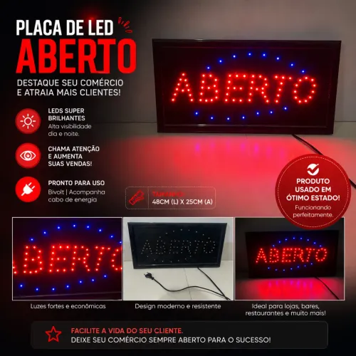 Placa LED Luminosa ?ABERTO? - Excelente Estado - Funcionando