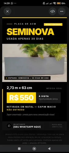 Placa ACM Fachada 2,73m Seminova - Cinza - Pronta p/ Nova Comunicação Visual