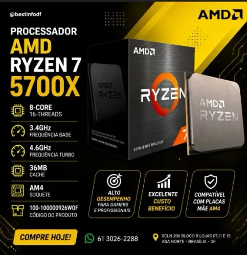 PROCESSADOR AMD RYZEN 7 5700X 8-CORE 16-THREADS 3.4GHZ (4.6GHZ TURBO) CACHE 36MB AM4 100
