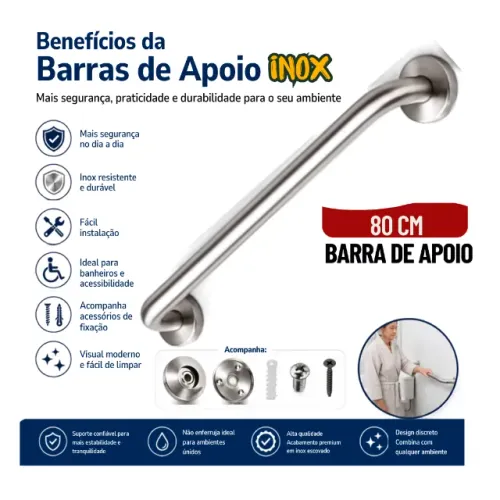 Barra de Apoio em Aço Inox 80cm para Idoso Acessibilidade Suporta 150kg - SCS07