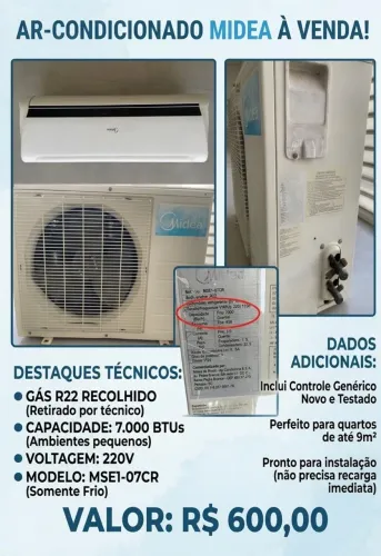 Ar-Condicionado Split Midea 7.000 BTUs (Frio) - 220V - Gás Recolhido