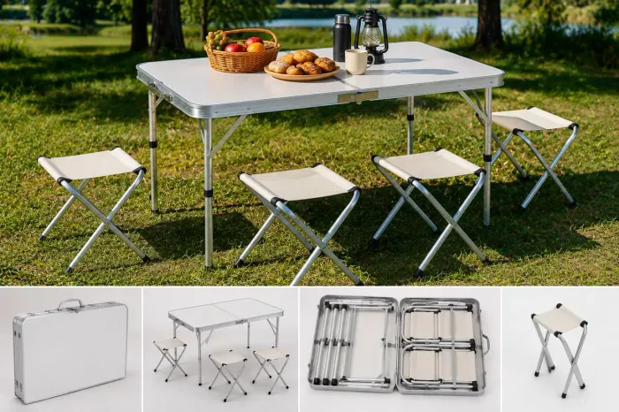 Mesa Dobrável Maleta 120x60 com 4 Bancos Dobráveis