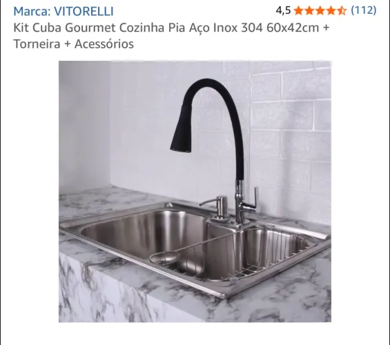 Kit Cuba Gourmet Cozinha Pia Aço Inox 304 60x42cm + Torneira + Acessórios