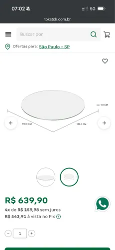 Tampo vidro novo tokstok 1,10 - mesa não inclusa