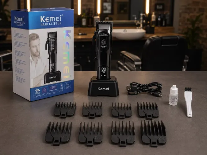 Máquina de Cortar Cabelo Kemei KM-1749 com Display e Base de Carga