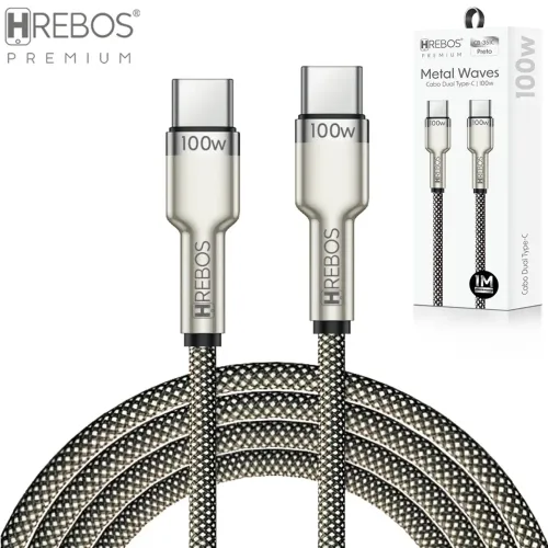 Cabo Tipo C Para Tipo C Turbo 100W com 1 Metro, Preto - Hrebos