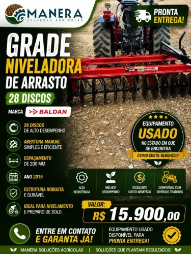 Grade Niveladora de 28 Discos, Marca Baldan, Abertura Manual, Espaçamento 200 mm