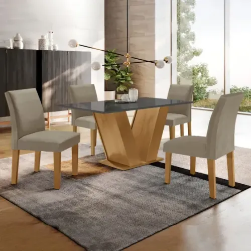 Mesa de Jantar para Cozinha com 4 Cadeiras Veludo Areia/Grafitte