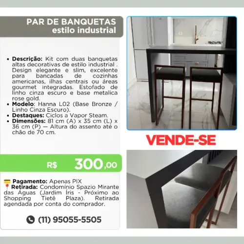 Par de Banquetas Altas Estilo Industrial Hanna Bronze/Cinza - Lyam Decor