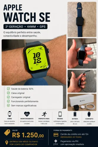 Apple Watch SE 2ª Geração 44mm GPS - 92% Bateria - Completo