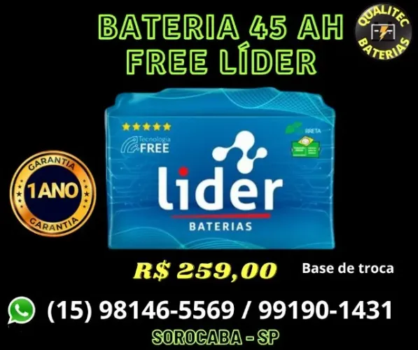 Bateria automotiva 45 amperes Lider free em promoção !