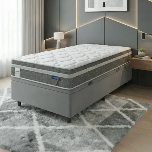 Cama Solteiro Completa com Colchão + Baú Box Suede Cinza
