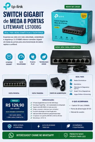 Switch Gigabit TP-Link LiteWave LS1008G 8 Portas - Novo