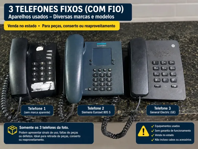 Lote com 3 Telefones Fixos com Fio