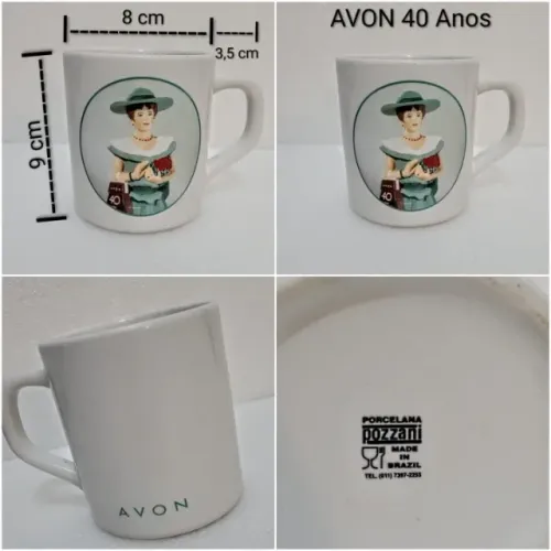 Caneca de porcelana Pozzani, antiga e colecionável, comemorativa dos 40 anos da Avon.