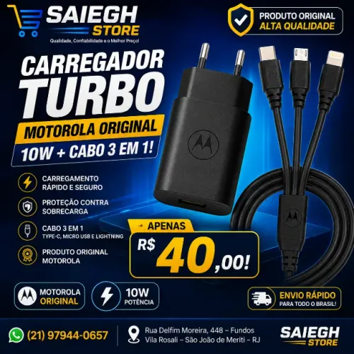 CARREGADOR TURBO MOTOROLA ORIGINAL 10W + CABO 3 EM 1