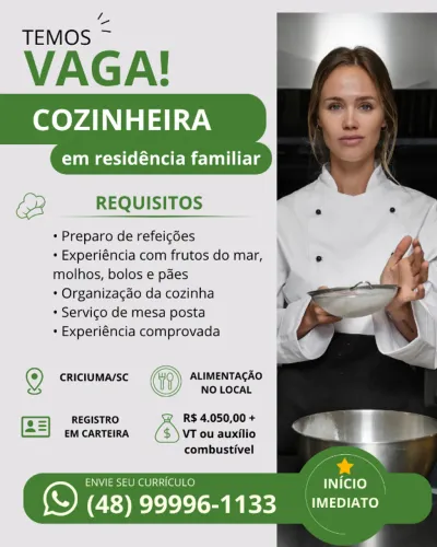 COCINHEIRA EM RESIDENCIA FAMILIAR