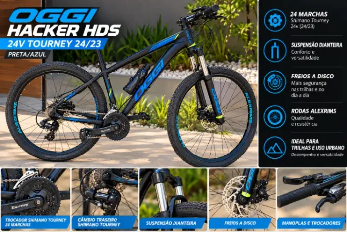 Bicicleta Mtb Oggi Hacker Hds 24v Tourney 24/23 Preta/Azul