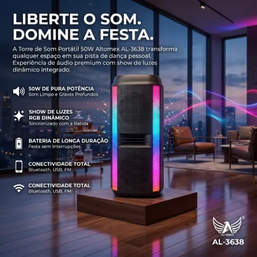 CAIXA DE SOM BLUETOOTH 50W LED RGB ALTOMEX AL-3638