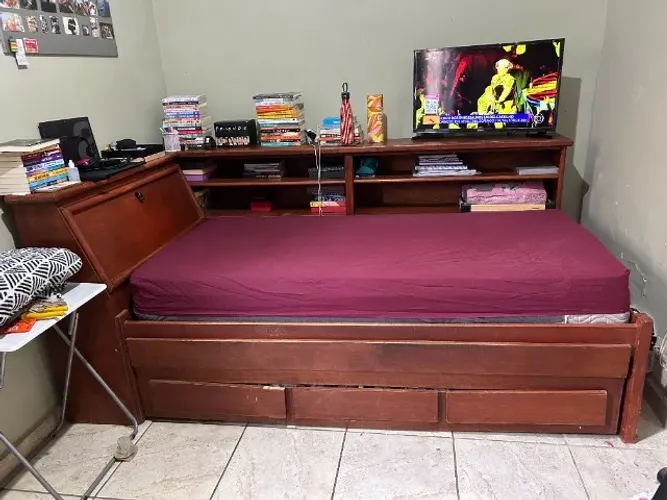 CAMA DE SOLTEIRO EM MADEIRA REAL!! COM BAÚ + ESTANTE LATERAL + COLCHÃO ORTOBOM